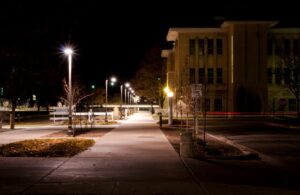 college campus at night