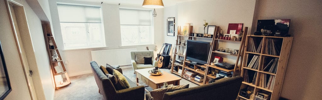 apartment living room with couches tv books