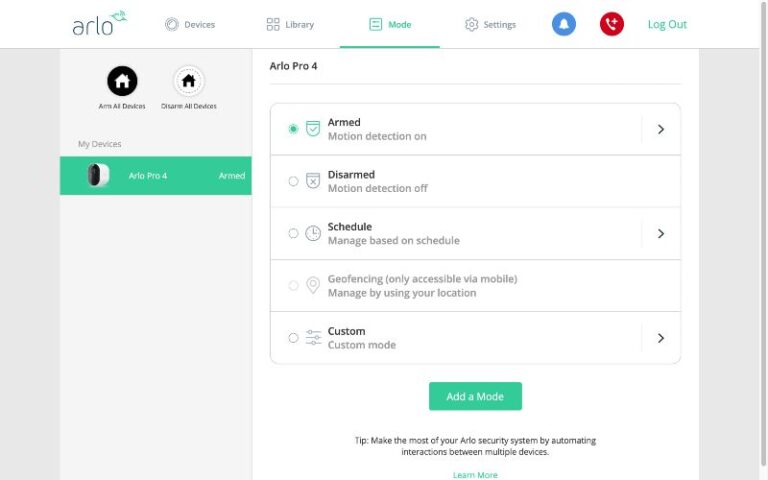 My Arlo Arming Modes