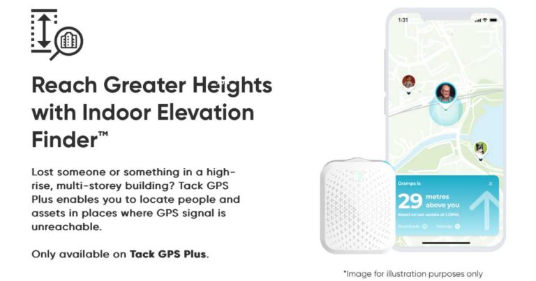 A graphic explaining how Tack's Indoor Elevation Finder helps locate people in multi-level buildings and places with poor GPS signals.