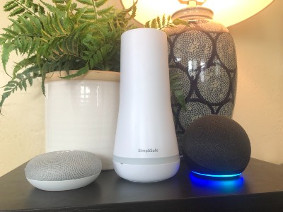 simplisafe google home and alexa next to plant