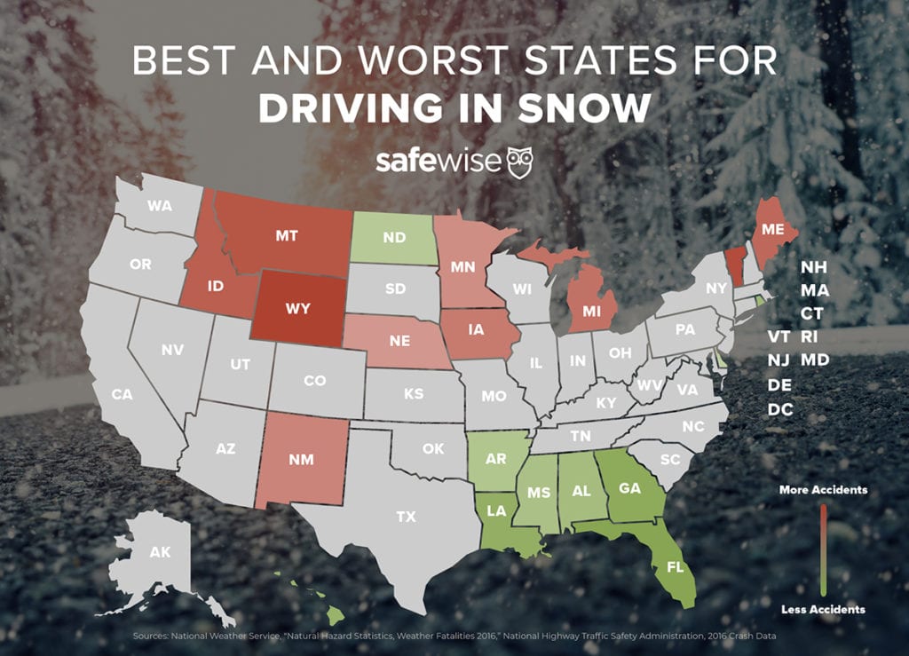 an infographic of the best and worst states for driving in the snow