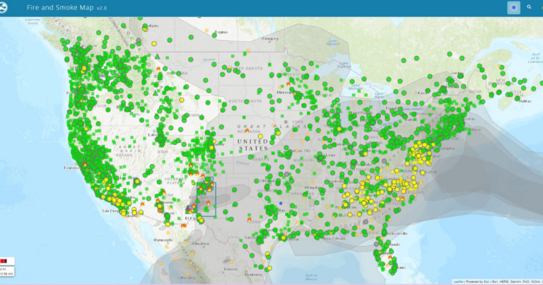 An example of an Air Now Wildfire Map with current wildfires marked by a flame emoji.