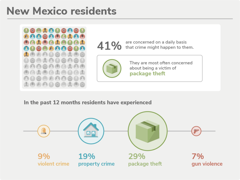 Pictogram showing the percentage of state residents that are concerned about their safety on a daily basis, as well as which type of crime they are concerned about the most, and which crimes they have experienced within the past 12 months. Crimes include violent crime, property crime, package theft and gun violence.